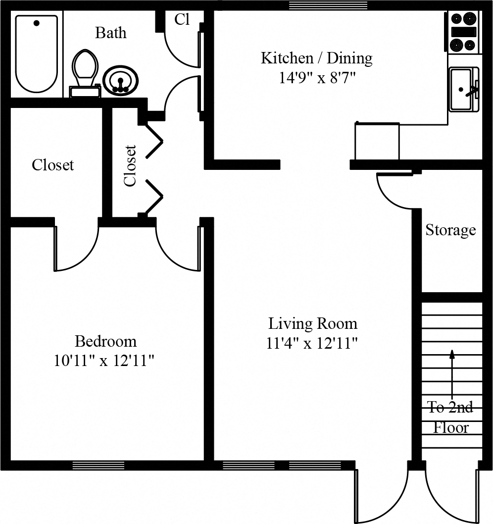 Floor plan for 1 bed, 1 bath, 665 sqft